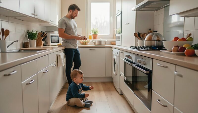 Muž v šedém tričku stojí u kuchyňské linky a krájí zeleninu do mísy, na plotně se vaří ve dvou hrncích, na světlé podlaze sedí roční dítě v tmavě modrém tričku a vzhlíží k němu, dopolední světlo z okna, vpravo mísa s ovocem