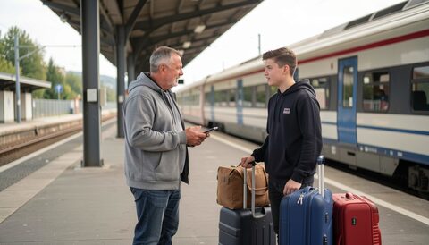 Otec a teenager stojí na nádražním peronu u zavazadel, mluví spolu, v pozadí přijíždí vlak bez čitelného označení