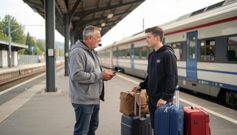 Otec a teenager stojí na nádražním peronu u zavazadel, mluví spolu, v pozadí přijíždí vlak bez čitelného označení