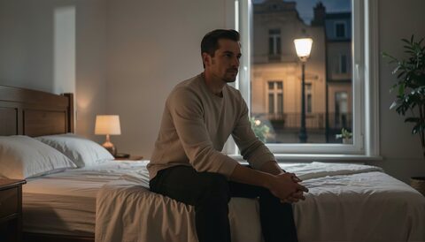 Muž sedí sám na okraji postele ve ztemnělé ložnici, ruce složené v klíně, venku svítí pouliční lampa