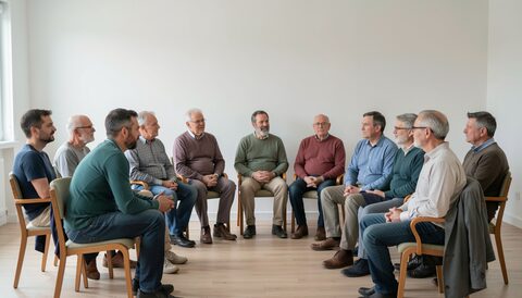 Skupina mužů sedí v kruhu na židlích v komunitní místnosti, na stěně je nástěnka bez čitelného textu, denní světlo