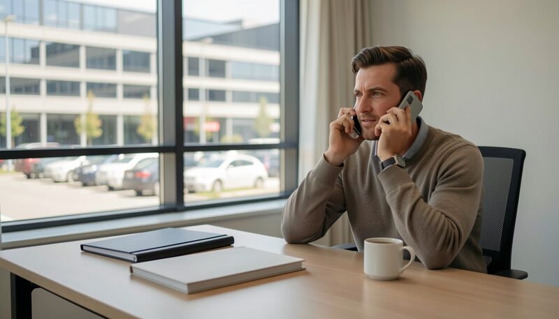 Muž sedí u stolu v kanceláři a mluví do telefonu, na stole před ním leží zavřené desky a hrnek s kávou, za oknem parkoviště firemní budovy, dopolední světlo