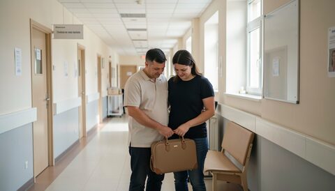 Muž v čekárně porodnice podpírá partnerku, oba drží tašku, na chodbě je vidět informační tabule bez čitelného textu