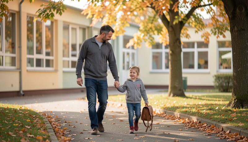 Muž doprovází dítě s batůžkem k budově mateřské školy, oba se drží za ruku, podzimní ráno