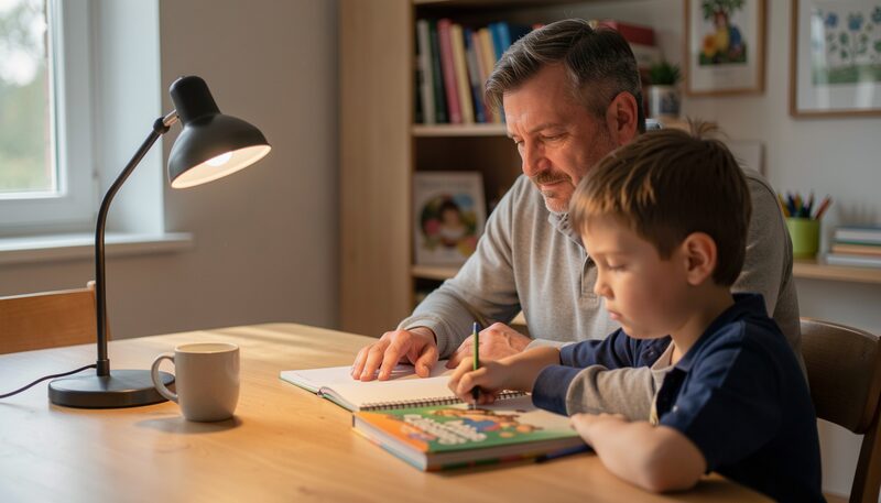 Otec a školák sedí u stolu nad sešitem a učebnicí, na stole je lampa a hrnek, večerní světlo
