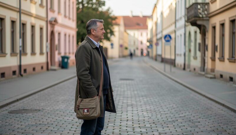 Muž v olivovém plášti s brašnou přes rameno stojí sám v prázdné ulici s dlažebními kostkami a dívá se do dálky, po obou stranách pastelové domy a modré dopravní značky, v pozadí rozmazaná postava, podvečerní světlo